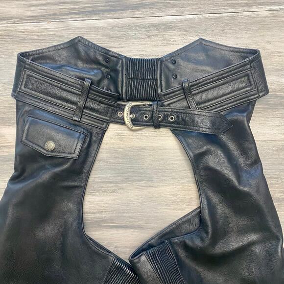Mens Harley Davidson Leather Black Motorcycle Chaps Biker Riding Gear Size M - Picture 3 of 16